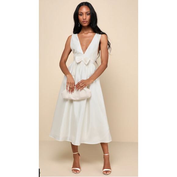 Lulus Ivory Sleeveless Bow Elegant Destiny Sleeveless Bow Midi Dress Size M - Picture 7 of 10
